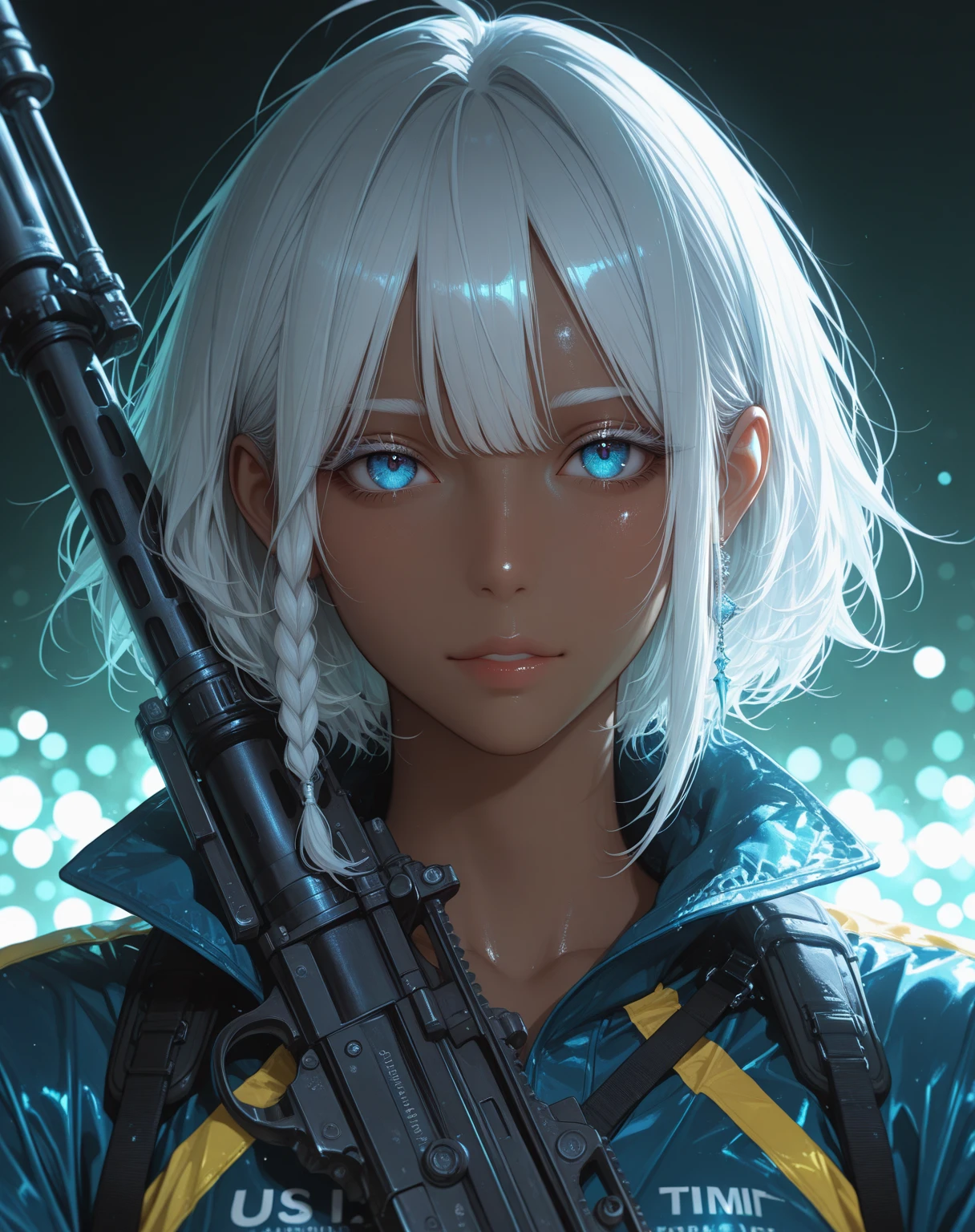 A futuristic world,A perfect illustration of Artificial Intelligence,After 5143, 8K, extremely detaild , perfect,hyper-detailed face, de 16 anos,Eight-headed body,Silky light blue hair,Bitgirl,Background to the near future,During night combat,ssmile,Dress Type,((Wear a khaki military jacket,Troop jacket with Japanese flag emblems))、Full ar、(((The world of Bladenanner)))、ruins