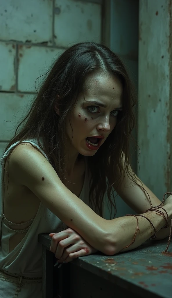 Undead sinner on her knees, forced , (oral :1.3),  , hand on her head, holds her by the hair, (traces of beatings on her body:1.2), torn clothes,  slavery, hellish torment