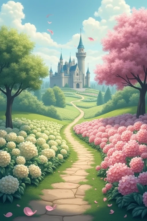 Masterpiece, best quality, no people, castle garden, trees, summer, flowers, shrubs, roses, clouds, sky, stone path, big trees, bees, butterflies, hyper-realistic, detailed background, depth of field, edge lighting, specular highlights, bloom, atmospheric lighting