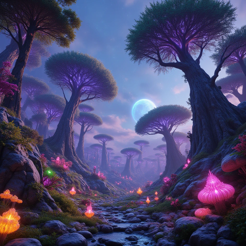 Fantasy meadow forest, big trees with purple leaves, night, glowing light particles in the leaves, elves