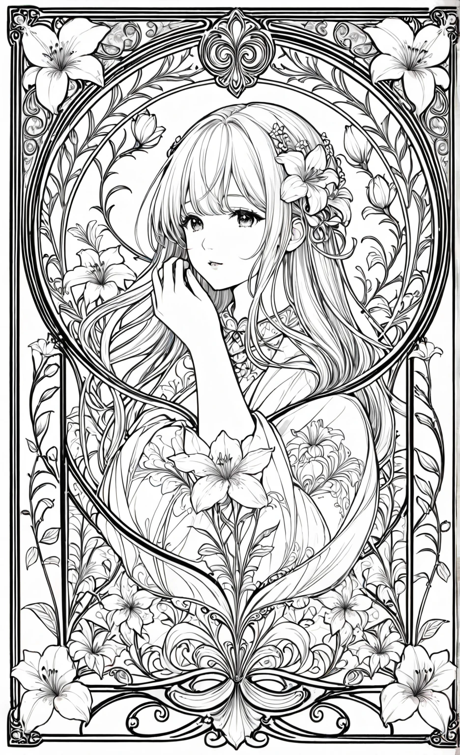 Masterpiece, (nakeness:1.2)，( :1.2)，Best quality, (Detailed background), High contrast, 1 girl, Mandala style flower background, (bunch of flowers:1.3), (zentangle:1.2), (geomerty:1.2) Sketch, monochrome, Clean line drawings for coloring books