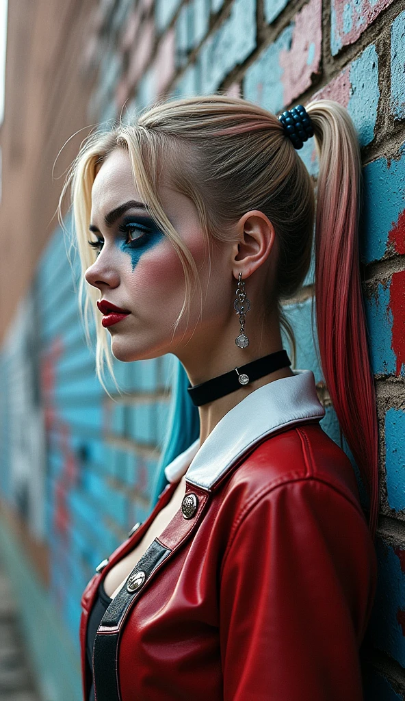 (Masterpiece.photorealistic.UHD),ultra-detailed,full body shot,one photorealistic Harley Quinn, vibrant colors, sharp focus, dynamic lighting, detailed outfit, makeup, provocative expression, intricate tattoos, detailed  features, elaborate props, contrasting background, cinematic composition, intense gaze, confident stance,  atmosphere, professional photography, studio lighting, grungy aesthetic, comic book style. Laughing out loud..BREAK
Perfect .
perfect hair.
perfect breast.
perfect body.
perfect hands.
perfect face.
perfect eyes.
accurate.
anatomically correct.
BREAK
Sony A9 II and a 85mm f/1.8 GM lens. Summer Time scenery.