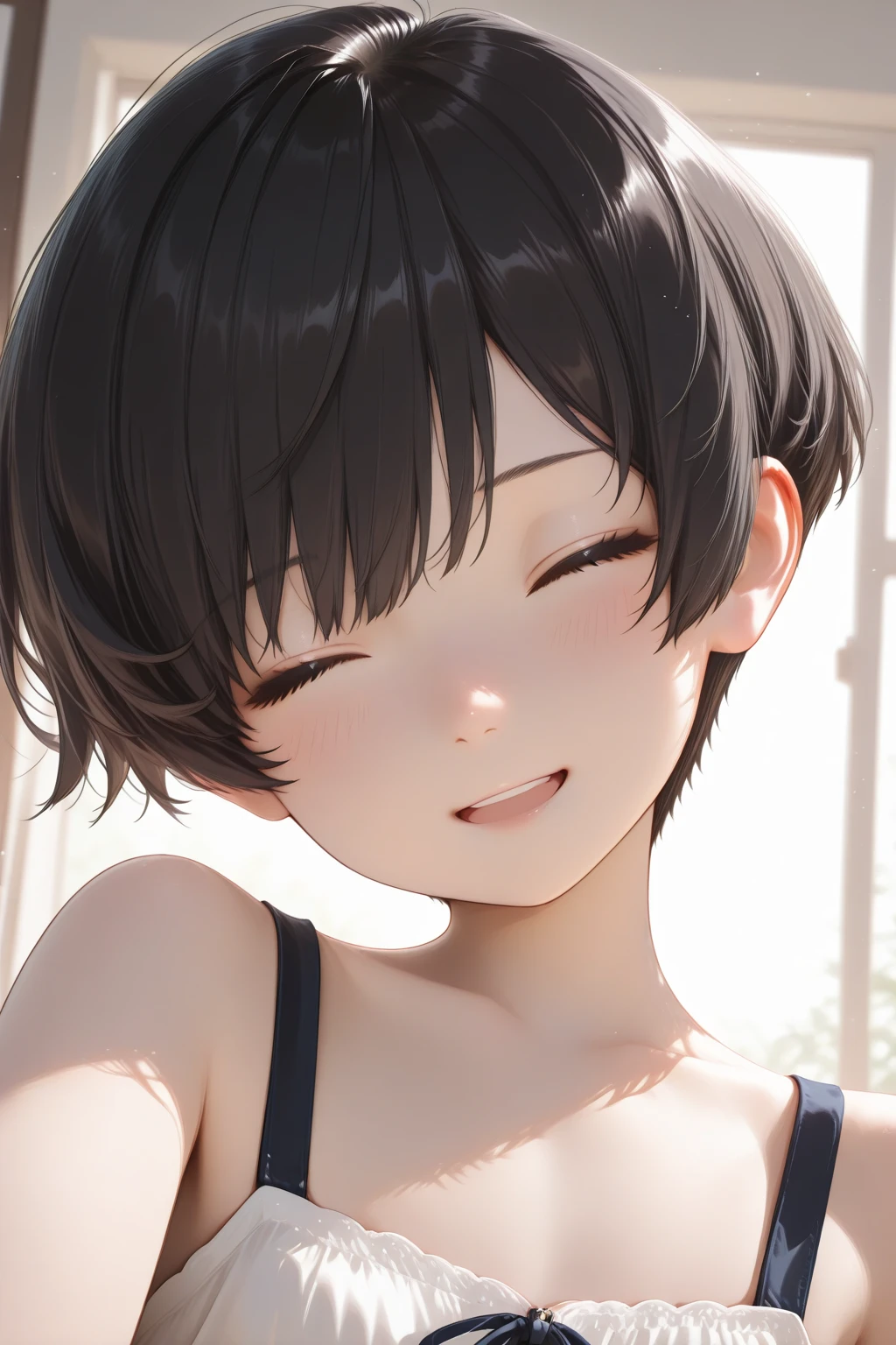 (​masterpiece, face focus:1.3), (8K, Raw photography, Top image quality: 1.4), 10yo kawaii elementary school 1girl looking up and kissing to viewer、(Random hairstyles:1.2)、embarrassed with blush, showing small cleavage of the breast:1.2、perfect closed eyes, Super Detail Face、Eye of Detail、kissy mouth, Bring your chest together、sharp focus:1.2、pretty infant:1.3, cute :1.4、light brown hair、top-quality、​超A high resolution、(Photorealistic:1.4)、Highly detailed and professional lighting smile、 Loose and light tanktop、Shoulder out、,   high beams, serious  expression、short-haired、Fatal position