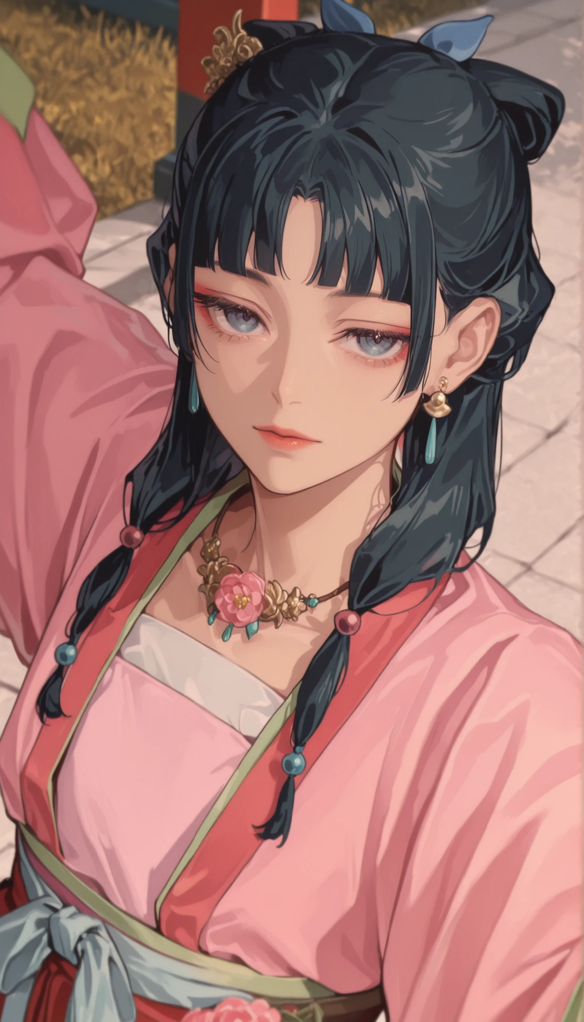 1 menina, Solo, Long hair, , High resolution, Riso, brown hair, Fringe between the eyes, Jewel, Anime, American plan, Naughty face, Contained laughter, oriental, anime style 