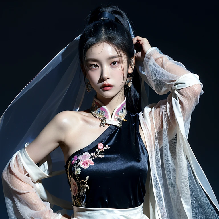 best quality, tmasterpiece,Ultra-high resolution,Clear face,（Reality：1.4），ferpect lighting，(upper body photo:1.3), (photorealistic:1.50), anime wallpaper, Guviz style artwork, cover-up fantasy up to magic , by Yang J, Guviz, beautiful artwork illustration, beautiful digital artwork, beautiful digital illustration, Li Song, beautiful anime portrait, art style in Beauvot,Yaodaoji, qinghuaci, 
1girl, 独奏, 
cheongsam, china dress, chinese clothes, 
ponytail, hair ornament, long hair, 
jewelry, earrings, 
looking at viewer, looking at viwer,
outdoors, nature, photo background, night,From at,