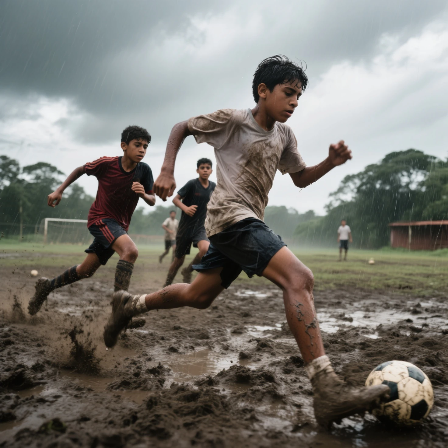 Two Chinese boys, about 12 years old, wearing jerseys and wrestling in the mud，One person lies on top of another，The whole body is covered in mud