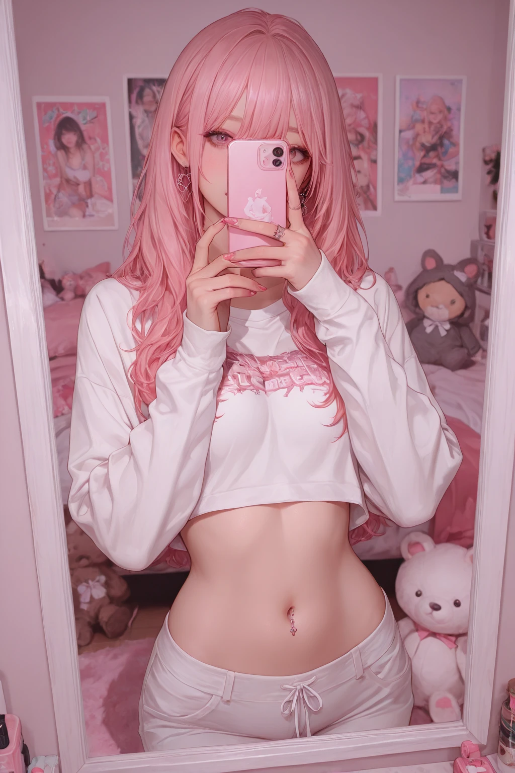 A woman with long lavender hair, light green eyes, Caucasian skin, with baby pink and white striped thigh-high socks, a pink sweatshirt, witheout , Pooping, in anime style