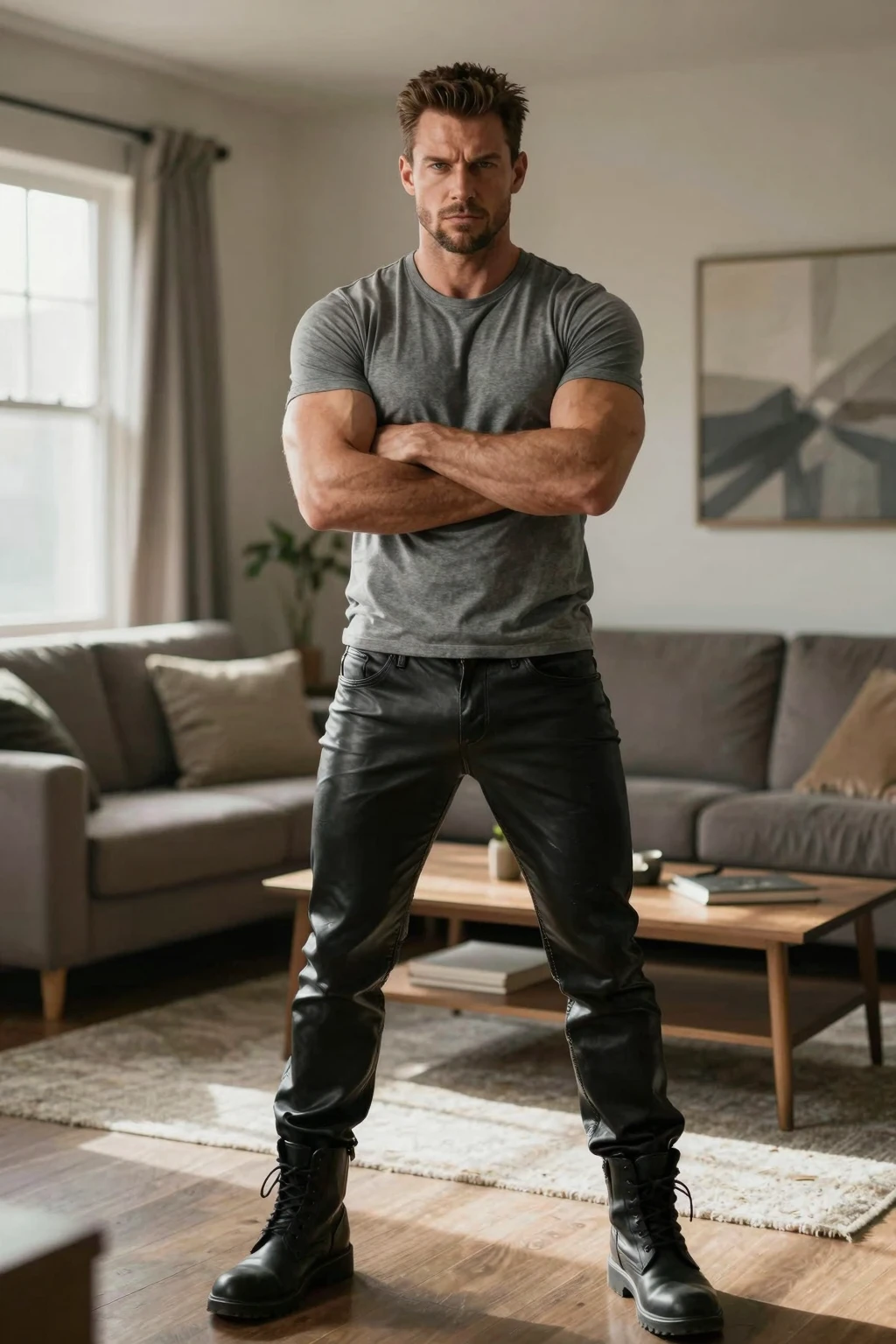 Authentic style，一个强壮的Plumber站在门口打招呼，Standing，Plumber，Toolbox，There are chains around the neck，40-year-old Asian man image，Canine，Tiger Teeth，Looking at the camera，Slobber，Place your hands behind your body，beard，Plumber服服，Security uniform open，A kind expression，Kind uncle，A polite greeting，Black short hair，Very short hair，（Fat-encapsulated muscle），Mermaid line，Grey swimming trunks，(There is a huge King Oyster Mushroom in my pants)，Leg hair，Thick body hair，Black body hair，Leg hair，cloth shoes，toe，Sexy men，full-body shot，Real person photos，Correct anatomical shape of the limbs，Full body shot，Fine skin texture，Wooden walls，Soft Light，Low contrast images，Highest quality，4k quality，