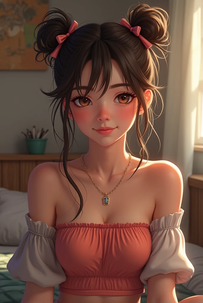 Sexy and cute woman, woman in love, black hair braided, very  and soft eyes, blushing hard, pink lips parted,  smile, long neck, collarbone, medium chest, cleavage, off shoulder t shirt,  shoulders