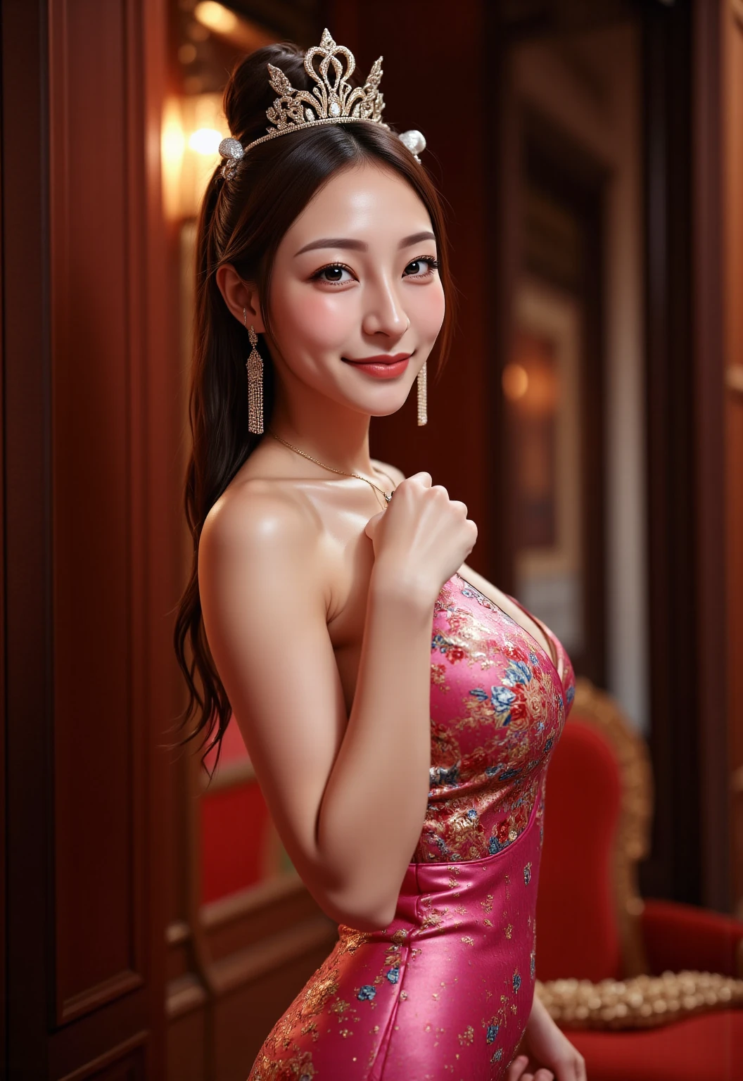 Fashion model 20 years old [[[[closeup cleavage]]]], [[[[boobgasm]]]], [[[[coll]]]], [[[[bshoulders]]]], perfect  eyes, Perfect iris，Perfect lips，perfect teeth，Perfect skin，Long face，slender nose，tall nose bridge，Soft front light，hdr，Movie girl，Pink cheongsam，Red cheongsam，White cheongsam，long whitr hair，Long hair with a shawl，Long hair like a waterfall，Green trees and flowers in the background，（pastel colour：1.2）