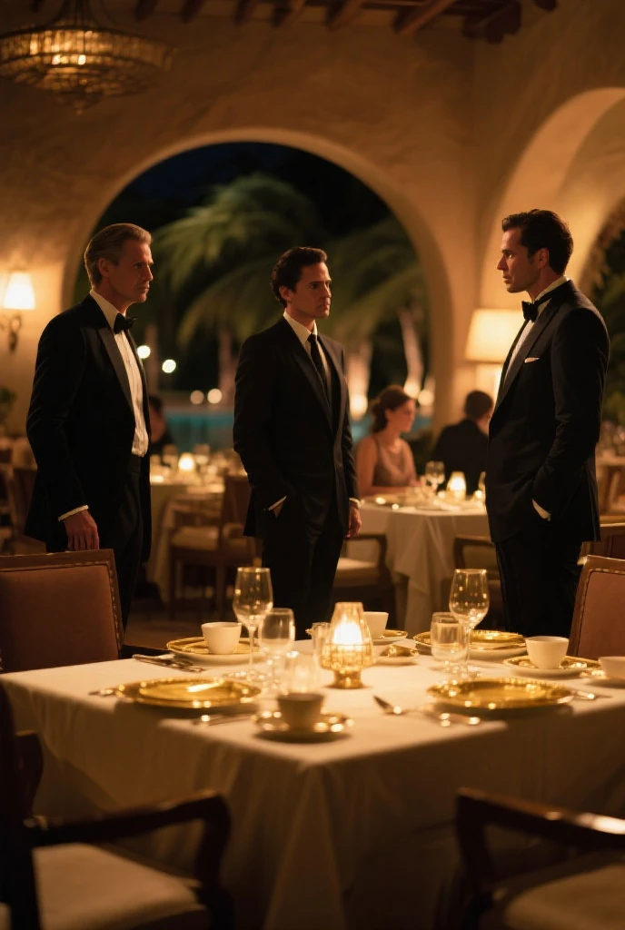 party,beautiful women in black evening dresses and men in elegant suits,standing talking to each other,soft candle light is burning,