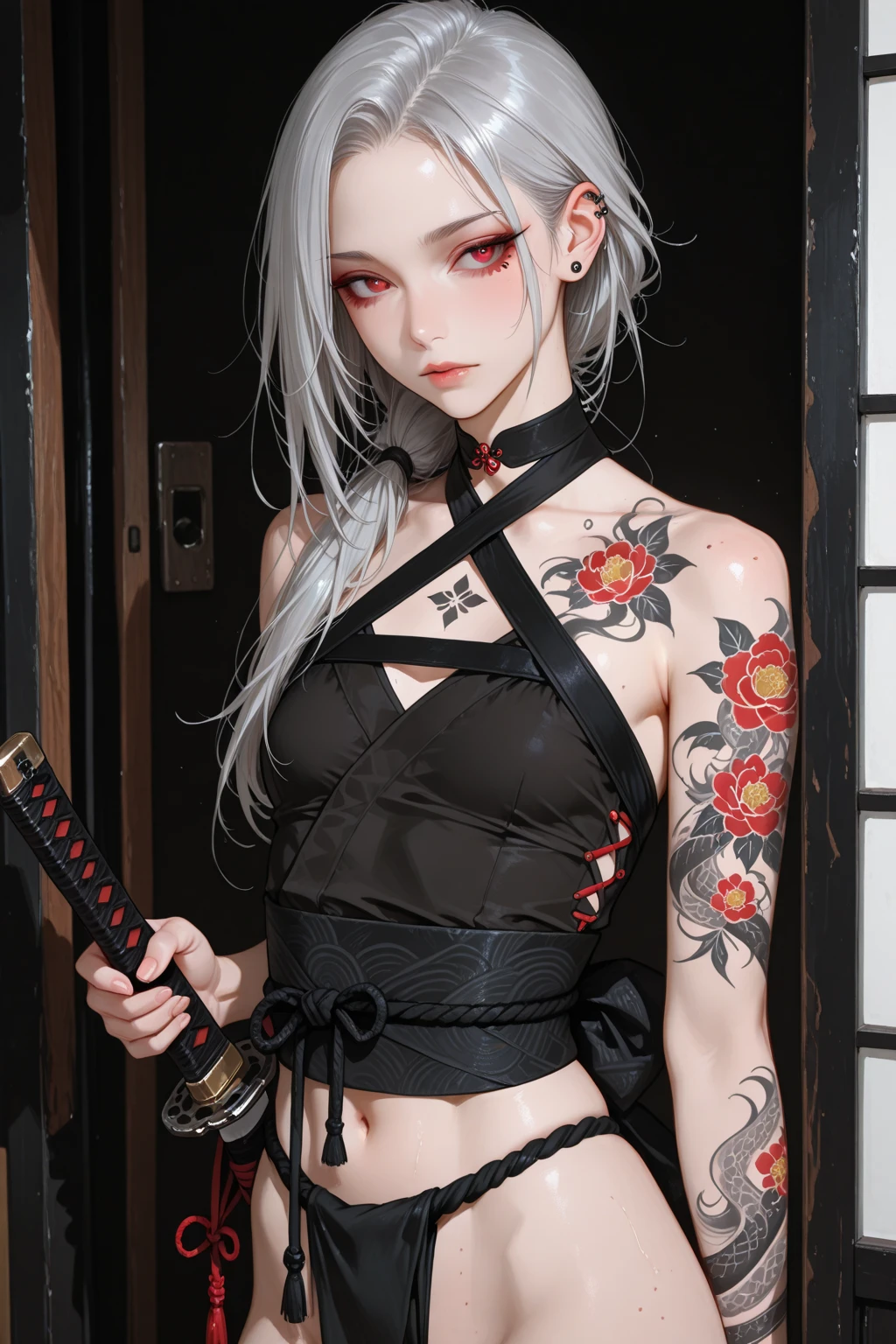 One Girl, Gray Hair, Long Hair, Techwear masterpiece, highest quality, Realistic, Dark purple jacket, Portraiture, fine grain, Platinum Hair, 21 year old girl, Fashion pose, Half Body, Wide Shot, on the road, cyber punk,(((He has many tattoos all over his body)), (((Tight waist))), (()),(),