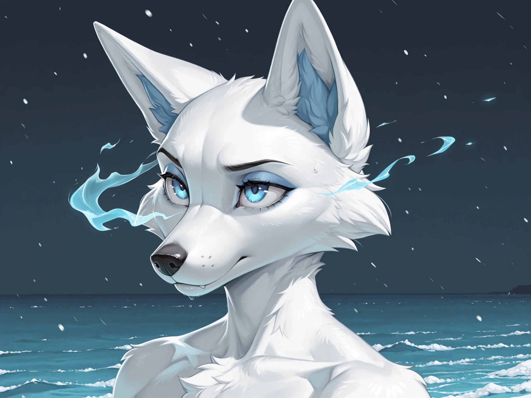 Loona, female, wolf, long hair, red eyes, smiling, laying in pool water, busty, round boobs, pink , armpit, , fully , , , wet, outside, hd 8k 