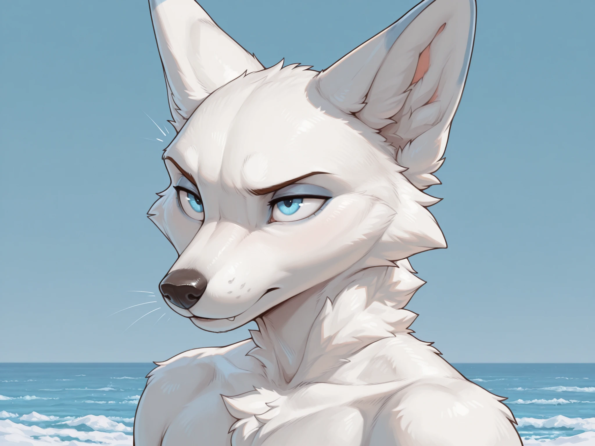 By zinfyuu on pixiv,by twistedscarlet60, uploaded on pixiv, by fluff-kevlar, (masterpiece), (best quality), (anthro furry:1.3, snout:1.2, anthro:1.3, furry:1.2, solo female:1.2),BREAK,pokemon, lycanroc, lycanroc midday,, sfw ,kiss me, close up selfie of lycanroc midday, bald, blue eyes, feminime, flatchested, slim body, at beach, face photo