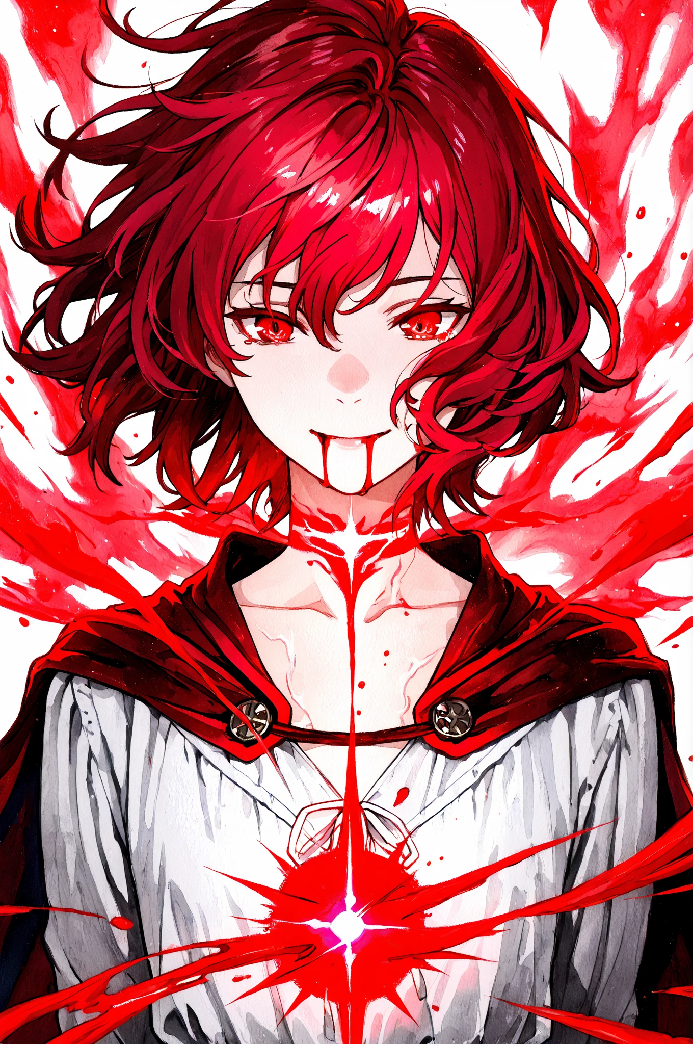 1girl,(red hair)),red eyes,萝,long hair,(loose long hair),((black cloak)),(cape hood),scarf,red moon on the sky,night,floating red flowers falling,upper body,ruins,intense shadows,ash,fire,ice,((Ink wash painting)),((ink splashing)),((color splashing)),