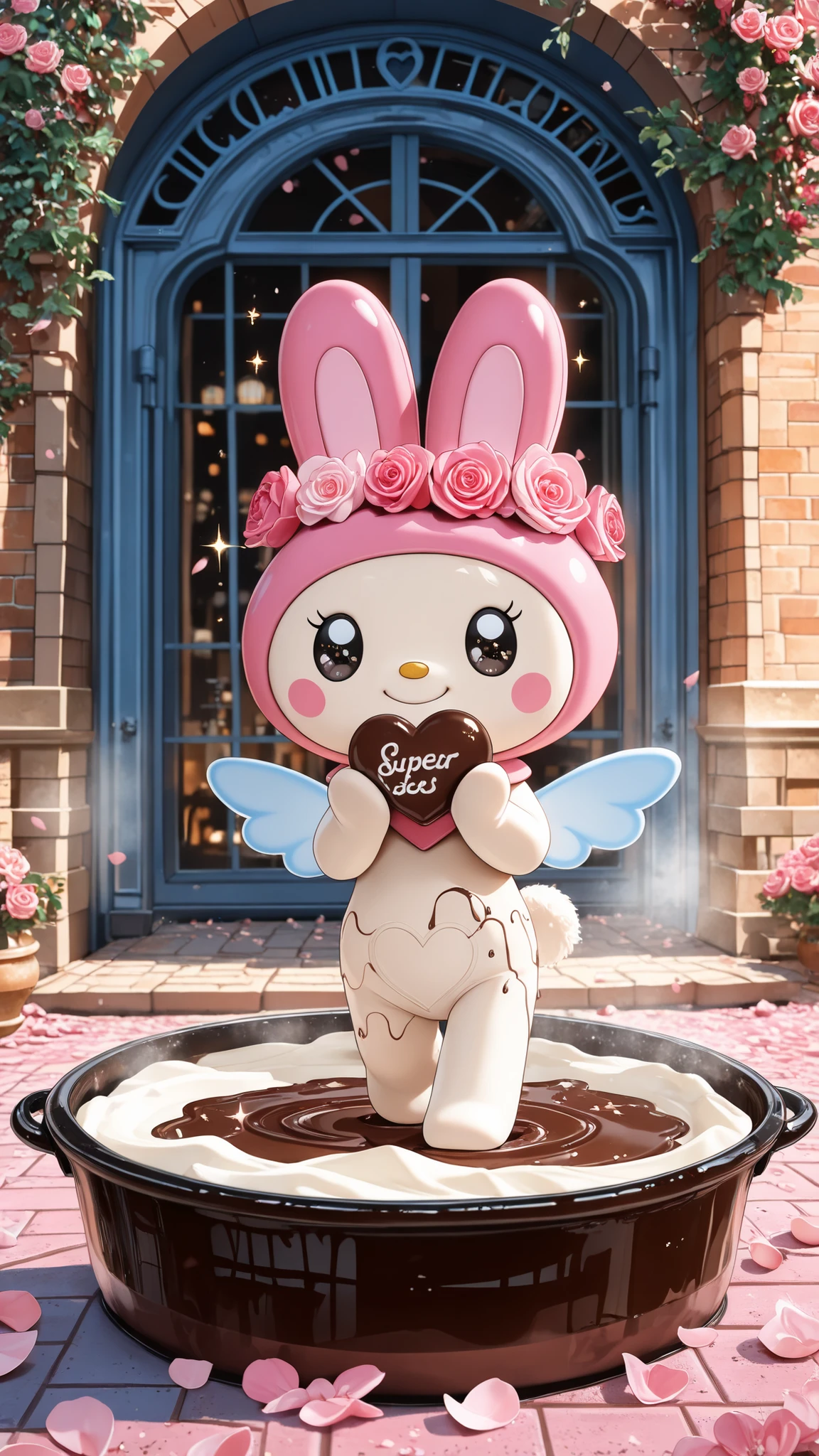 (Same character, front, side, back), (full body); skin: black; 3d; cute; 3d toy art; toy art; anime style; glitter; color pink; color white; Bunny details; cyberpunk details; robot limbs;