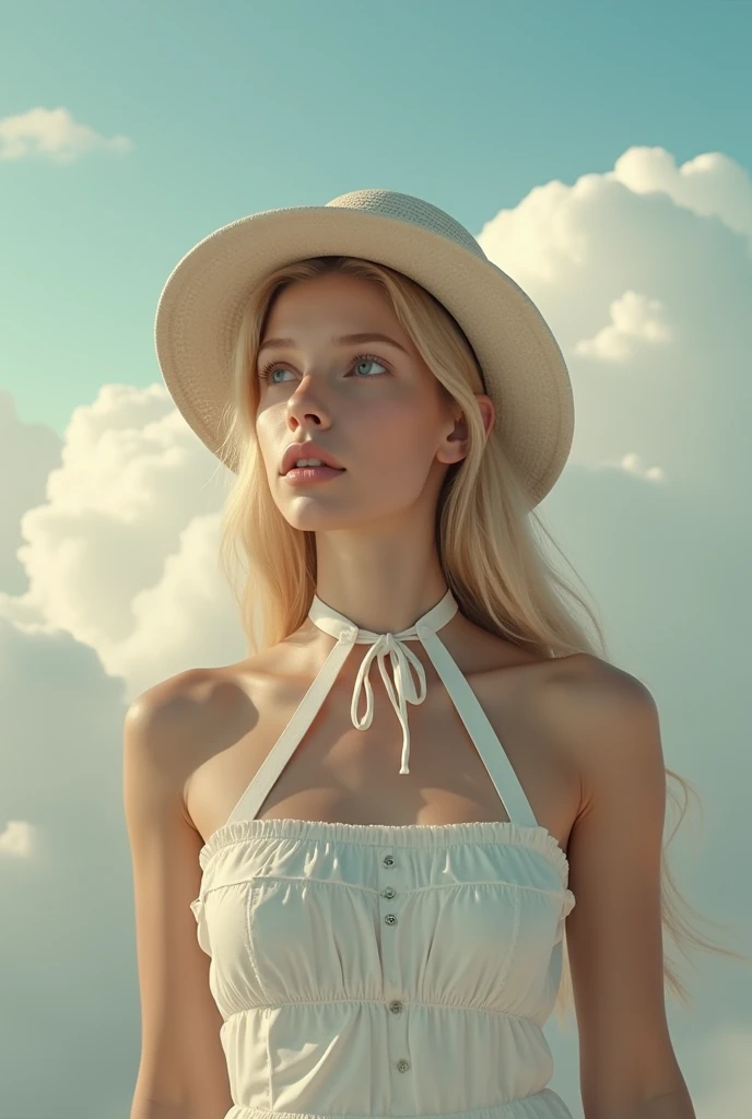 A girl in a long white closed dress with a high collar, long sleeves and closed shoulders is sitting in a wheat field. The dress completely covers the legs to the floor. The sleeves are long and flared. She has shoulder-length blonde hair. She's wearing a wide-brimmed straw hat. He is sitting on a blanket with empty wine glasses on it.