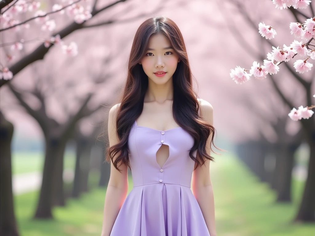  Detailed face 18 years old young Korean  girl long brown wavy hair beautiful  wear a pink  long Sleeveless strapless luxury queen wedding dress Tiny red Ruby crown and Ruby colar   take a photo in Japanese sakura garden with lot of sakura flower fly  low-angle shot, cool-toned color grading, soft focus, epic fantasy with her hand hold her long skirt