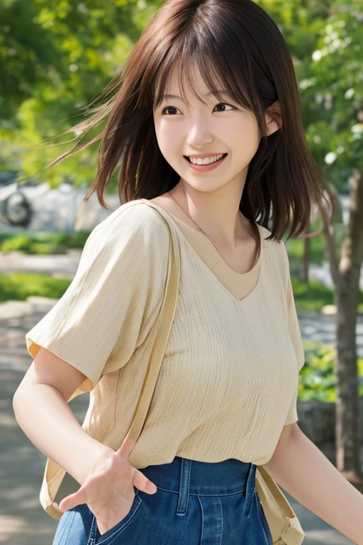 (masterpiece, best quality, perfect , highres, 8k, realistic, photorealistic, natural skin texture, no makeup:1.2), 1girl, solo, Japanese, age20, tanukigao, shy smile, (very cute:1.3), large , perfect figure, (oversized plain sweater:1.2), at autumn park, portrait