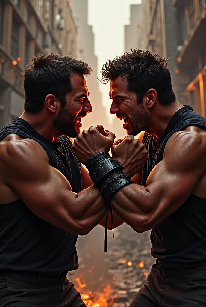 hairy Italian daddy muscle boxier with a strong chest and colossal arms and biceps, he wear a oversize white boxing gloves, laces and tapped. fighting with his adult son  in a close fight, he is teaching to boxing in a small boxing gym with large mirrors where they reflect. They both look tired and sweaty. both are muscular, hairy and stronger. they are huge and be hug, sweat over his bodies