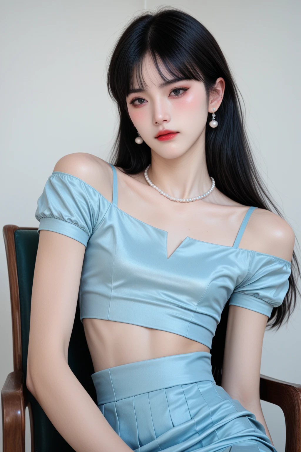 high quality,pretty girl,Sitting on the sofa，Blue tulle top,