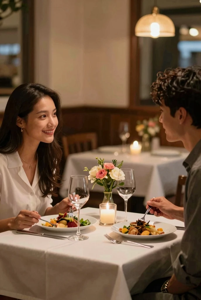 ((Highest quality、8K、masterpiece:1.3))、 (Ultra-realistic、 Genuine、Bright image、Intricate details:1.2), 最高のsmile、1 male、1 female、Beautiful couple、Love Love Love、To all Yokohama lovers、Good friends、actress couple、smile、Full-course dinner at a packed table、 (Slim face), (the body is slim), (Brown Hair), (short hair), テーブルのwine glass、Please shine a light on my face、 Amazing view of the sunset sky and clouds、 years old 39 years old, red wine 、Appetizers、Wine bottle、sparkling wine、Long sleeve shirt、dress、White wine, red wine, wine glass, 