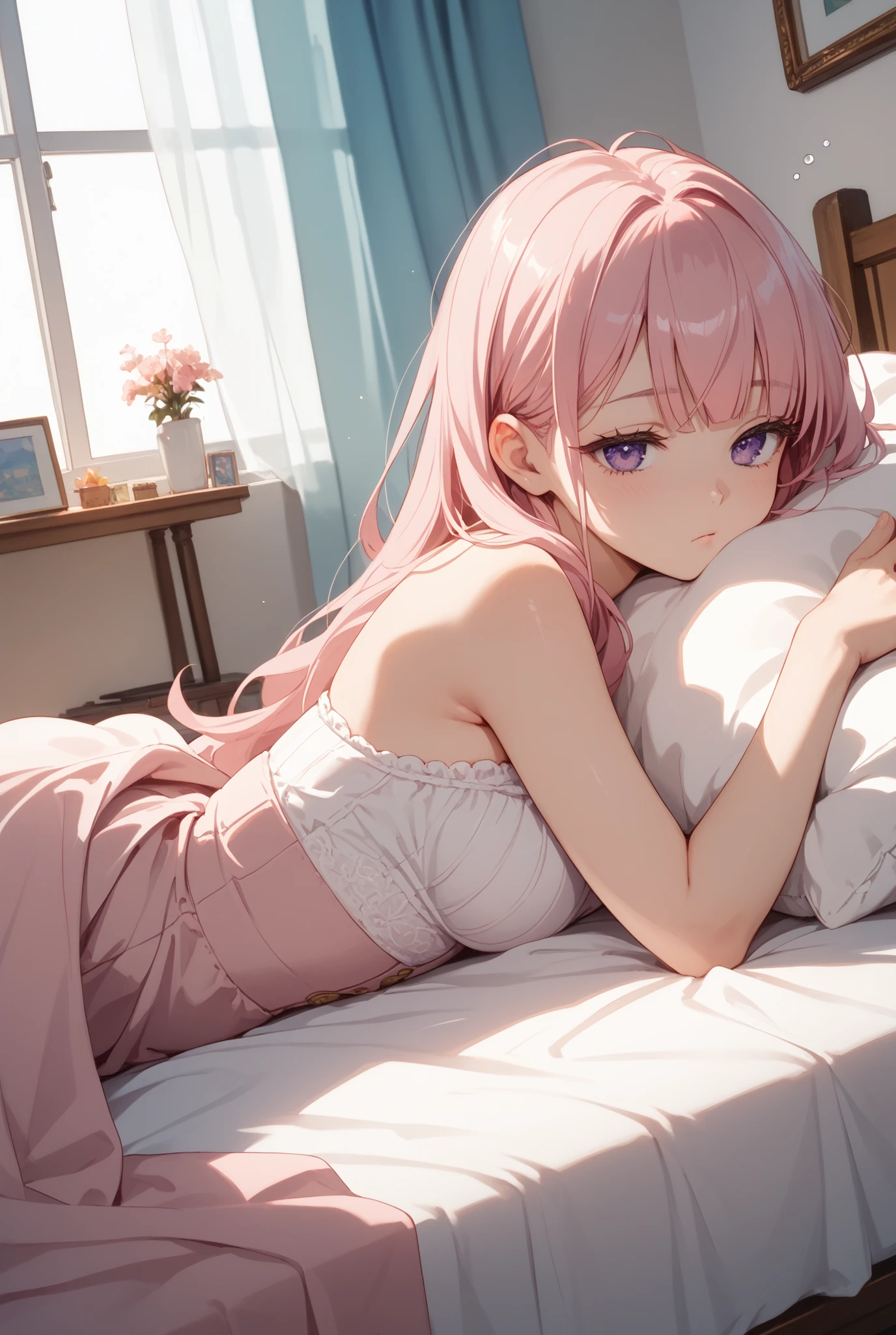 Cute face like a 16-year-old idol　Wearing pink pajamas　Sleeping with a high fever　Sweating on the face and chest　Medium Bust　Cleavage　I have a high fever、'Lying in bed and sleeping.　In a dark room　Natural light　whole body　whole bodyポートレート　RAW Photos　Indistinguishable from live-action　Genuine　Real Stick　realism　Artistic Expression　Highly artistic　masterpiece　High resolution　RAW Photos