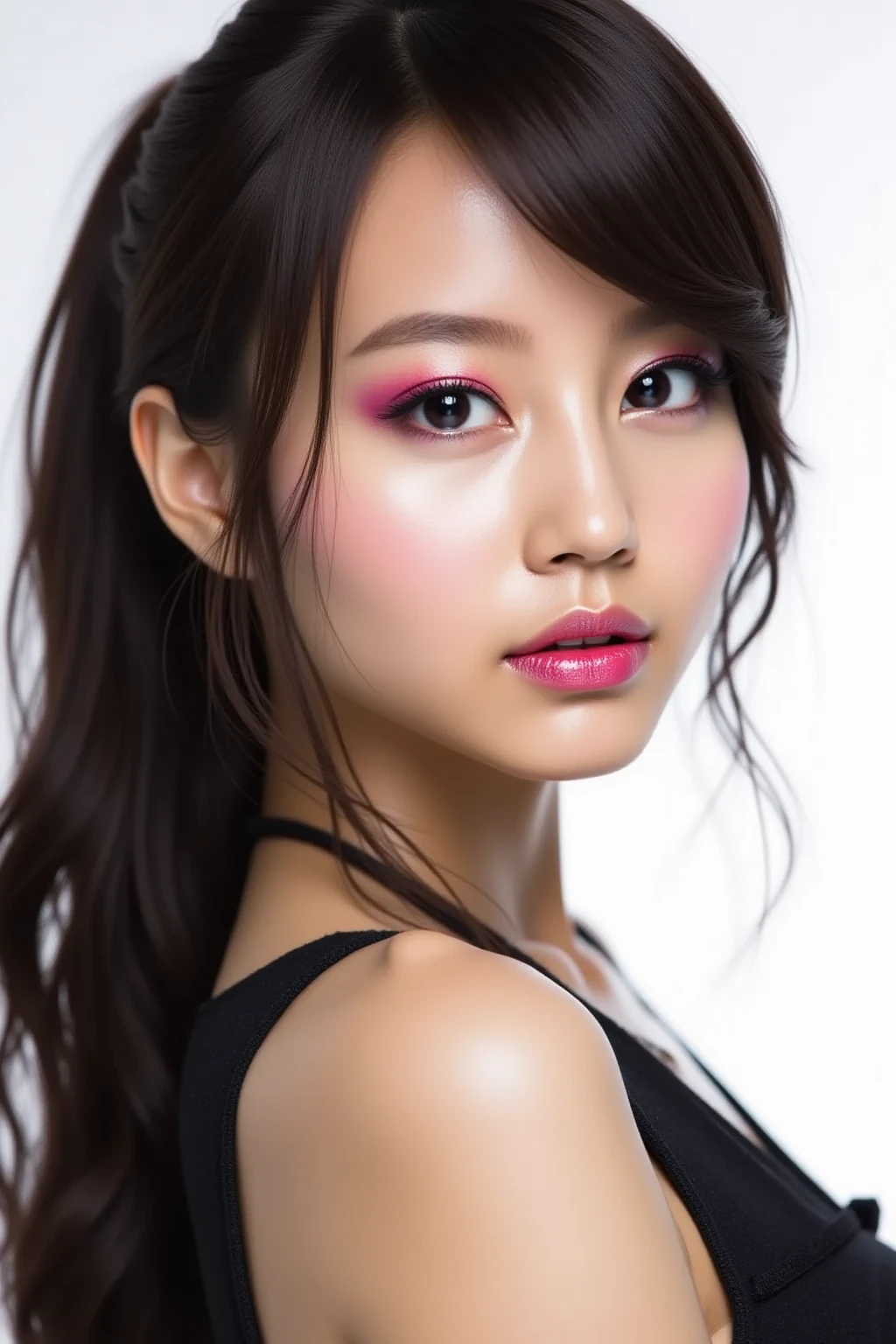 ((Make your subject look three-dimensional with the contrast of light and shadow)). photorealistic Realism 16K Quality: (Hyper absurd quality and details realistic texture velvet skin, hair), Photorealistic photo (portrait) a cute 1model:1.4 24yo, dslr, best high quality soft lighting, sharp focus captured by Fujifilm XT3, f 5.6, in a dramatic lighting, ((Hyper details realistic black_eyes:1.25)), ((finely details pupils:1.3)), Perfect makeup, ((detailed symmetrical lips:1.3)), ((V-line jaw)), pink_lipstick:1.3, (Hyper detailed eyelashes), ((perfect dark_eyeshadows:1.25)), (Detailed nose:1.2), (perfect composition), ((pale skin)), (dry skin), (((she wears black Tube top outfits, the latest fashion trend of this summer))), (Anatomically correct), (perfect proportions), ((perfect hands:1.2)), ((perfect female body:1.4)), cute girl, ((firm and full :1.3)), ((body shot to knees:1.44)),((dynamic pose:1.25)),