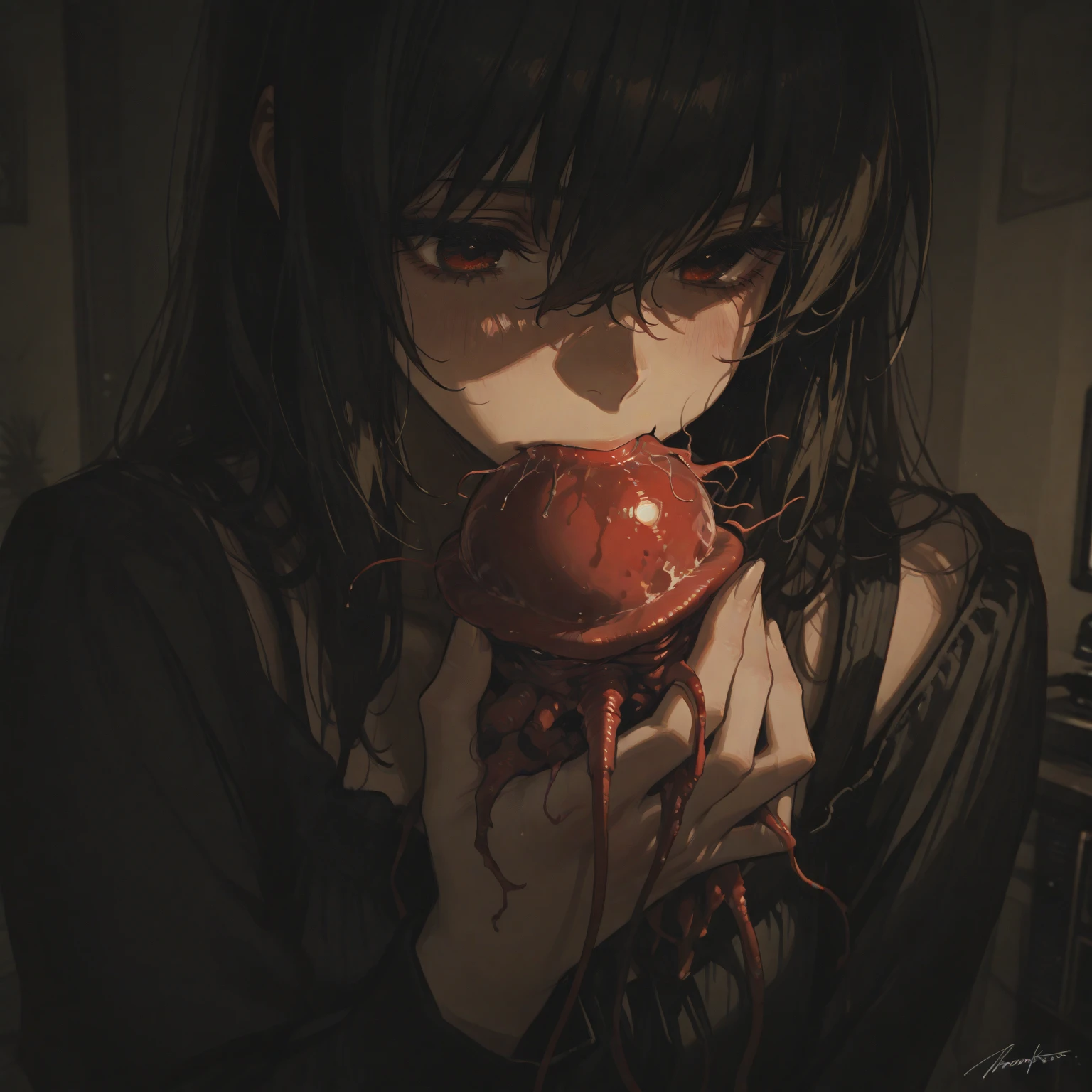 masterpiece, best quality, 1girl, momose_(oqo) official art, grayscale, manga style, japanese, chi no wadachi, black eyes, glowing white pupils, street, iced, black hair, schoolbag, lineart, looking at viewer, blood on face, black coat, black scarf, 35 years old, mature_female:1, tall, fair skinned, bokeh background, bob cut, light particles, centered, snowing, emotional anime scene, scenery:1.1, (very aesthetic, best quality, ultra detailed), intricate details, red and blue lights flashing, cool, soleless, emotionless, tired, taking a bite out of a shiny red apple, eating apple, holding apple to lips, holding, street lamp, surrounded by darkness, stars in the sky, biting, full shot