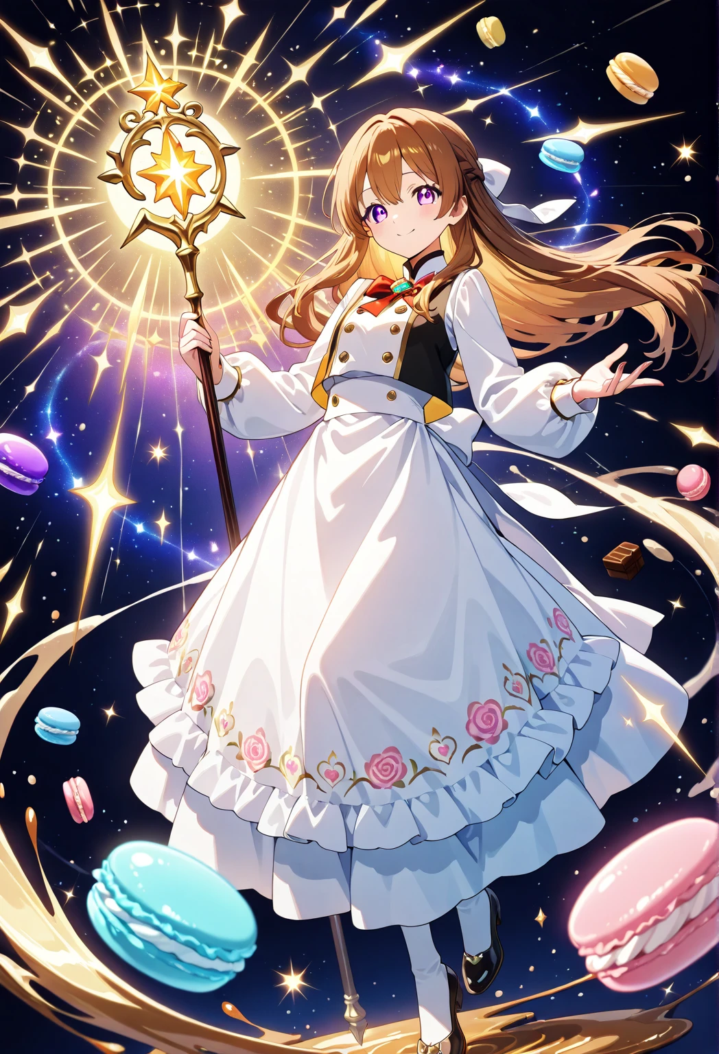illustration, top quality, beautiful lighting, fine shade; fantasy forest, fine day; beautiful detailed hand, beautiful bodyline; grass wonder \(umamusume\), hat, beret, green headwear, white gloves, white dress, long sleeves, official alternate costume, white thighhighs, holding the staff, white fantasy style robe, calm smile