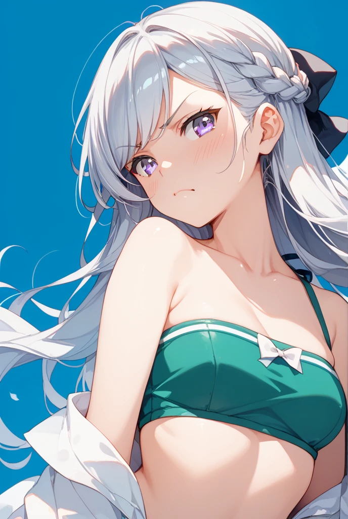 masterpiece, best quality, movie still, 1girl solo, female focus, looking at viewer, upper body, depth of field, (watercolor illustration, soft pastel colors:1.1), realistic, white hair, black eyes, Bikini, small breasts