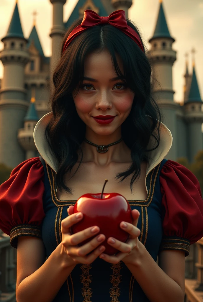look at viewer,beautiful snow white eating an apple ultra nítido foco, look at viewer,Imagens realistas, Roupas femininas medievais, cor tetradica, Close Up, Look at viewer