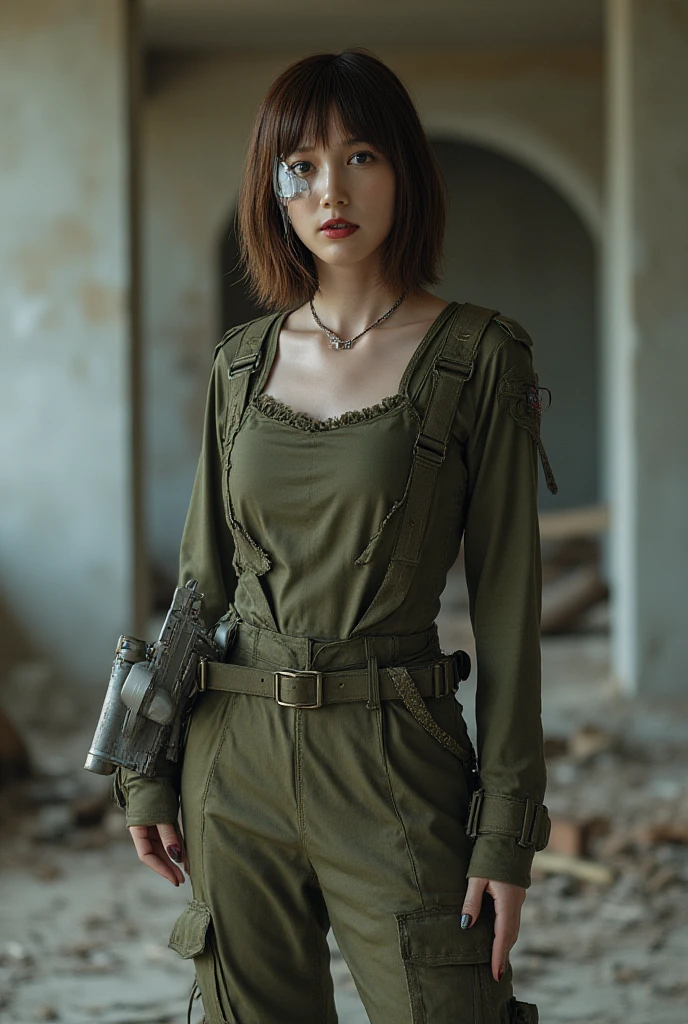 Create a digital art piece featuring Sweetie Fox in the Fallout universe. She stands at 5'5" with a slender yet strong build, sporting her iconic red hair tied back in a practical ponytail. Her piercing blue eyes exhibit a mixture of determination and vulnerability. Dressed in a modified Vault-Tec jumpsuit, she blends practicality with her unique flair, adding elements of her well-know fox cosplay – think pointed ears and subtle fox-like markings. She is armed with a laser rifle slung over her shoulder, and her belt is adorned with pouches and gadgets, ready to face the post-apocalyptic wasteland. The backdrop is a desolate landscape, with remnants of a ruined city behind her, capturing the eerie, yet intriguing essence of Fallout.
