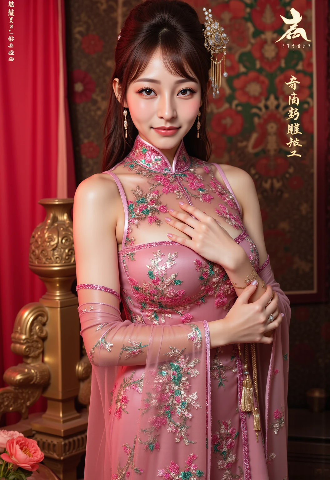 Body Portrait, 8k, Narrow and beautiful eyes, Dindal effect, masterpiece, 最high quality, high quality, High resolution, Highly detailed photos, (Natural skin texture, Fine skin, Hyperrealism, Ultra Sharpness), Skin with attention to detail, (Very fine, Fine skin texture, Intricate details, Beautiful Face, (Realistic Face), Realistic eyes, Beautiful and detailed eyes, Realistic Skin, Beautiful Skin, Surreal, Highly detailed golden ratio, Smiling Eyes, Body Portrait, G-Cup, , , , glamorous, ((pink Cheongsam:1.4)),