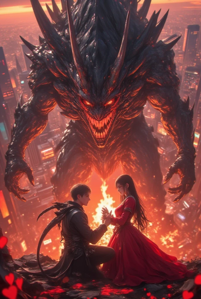 8K high-resolution images, Woman standing on top of a building,anime, A city destroyed by a space monster, Devouring people, Corpses Everywhere, Red sky and black clouds,Fire Magic, In the background is a giant space monster devouring the moon.. 
