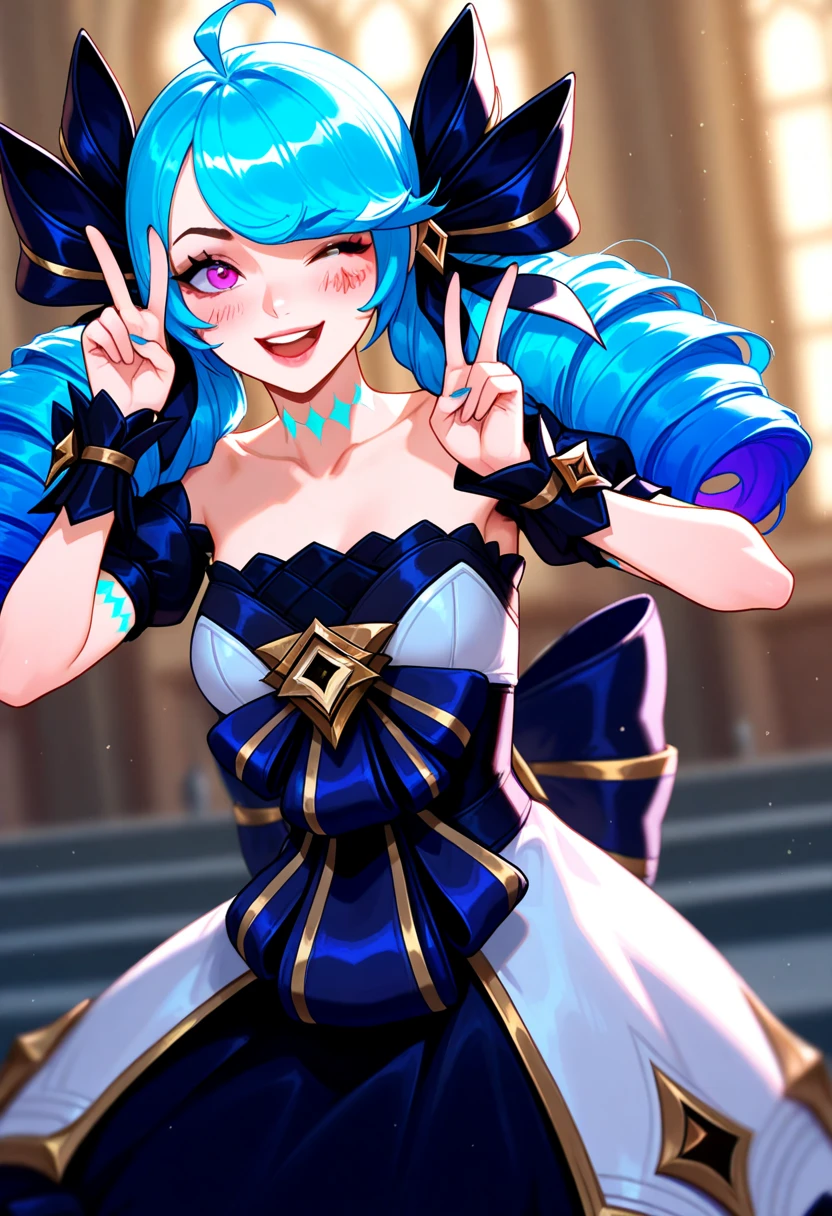 masterpiece, high quality, standing, 1_women, (upper body), (dancing), (((looking at viewer))), (bright blue hair), medium length hair, cute bangs, flowing hair, (exotic skin_complexion:1.4),mature, tall, diamond shaped eyes, (((purple eyes))), dark_eyeliner, long_eyelashes), (hands up), (purple fingerless_gloves), beautiful, exotic, elegant, slim, (((sailor collar))), black thigh highs, choker, medium bust, (brown steampunk corset), black Lolita style skirt, knee high heel with laces, (sleeveless), natural dynamic lighting, ((smirking)), steampunk, dark nightclub, laser lights, spot lights,