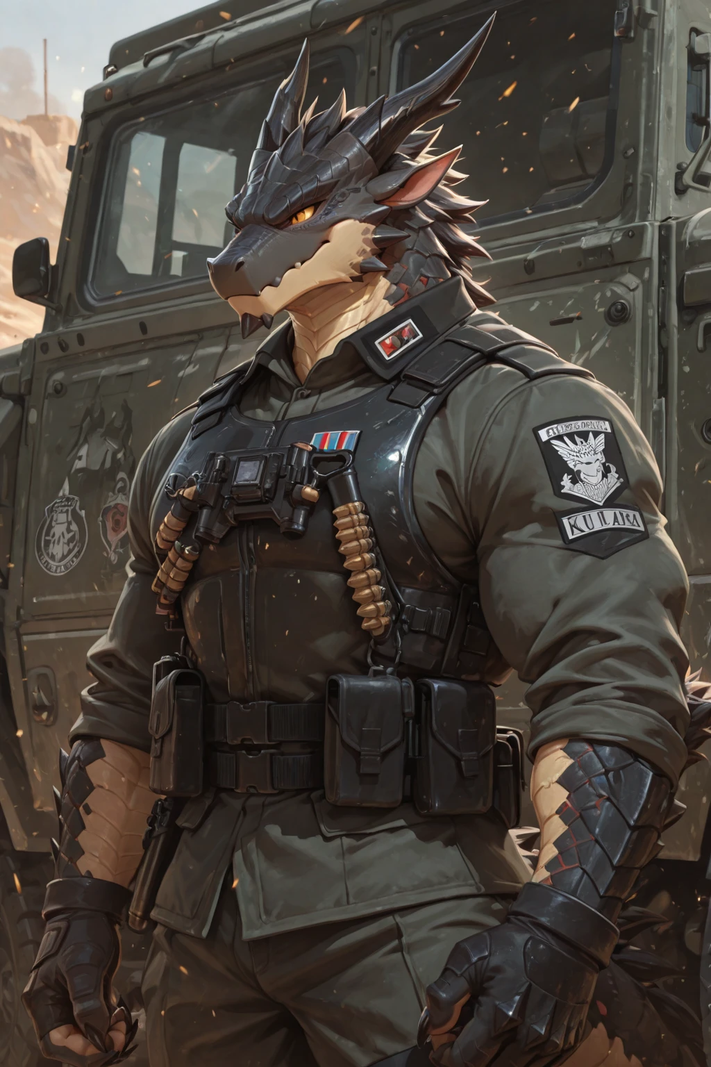 solo, 1girl, fox, female, broad shoulders, buff, muscular, huge breasts, gold eyes, highly detailed eyes, Amazon, wearing camouflage_uniform, (urban uniform:1.2), military camp, rolled sleeves, shirt, trousers, (large bulge), detailed crotch,  outline, cleavage, standing upright, combat boots, full body, smiling, friendly, looking at viewer, realistic lighting, by darkgem, by wfa, by bng,