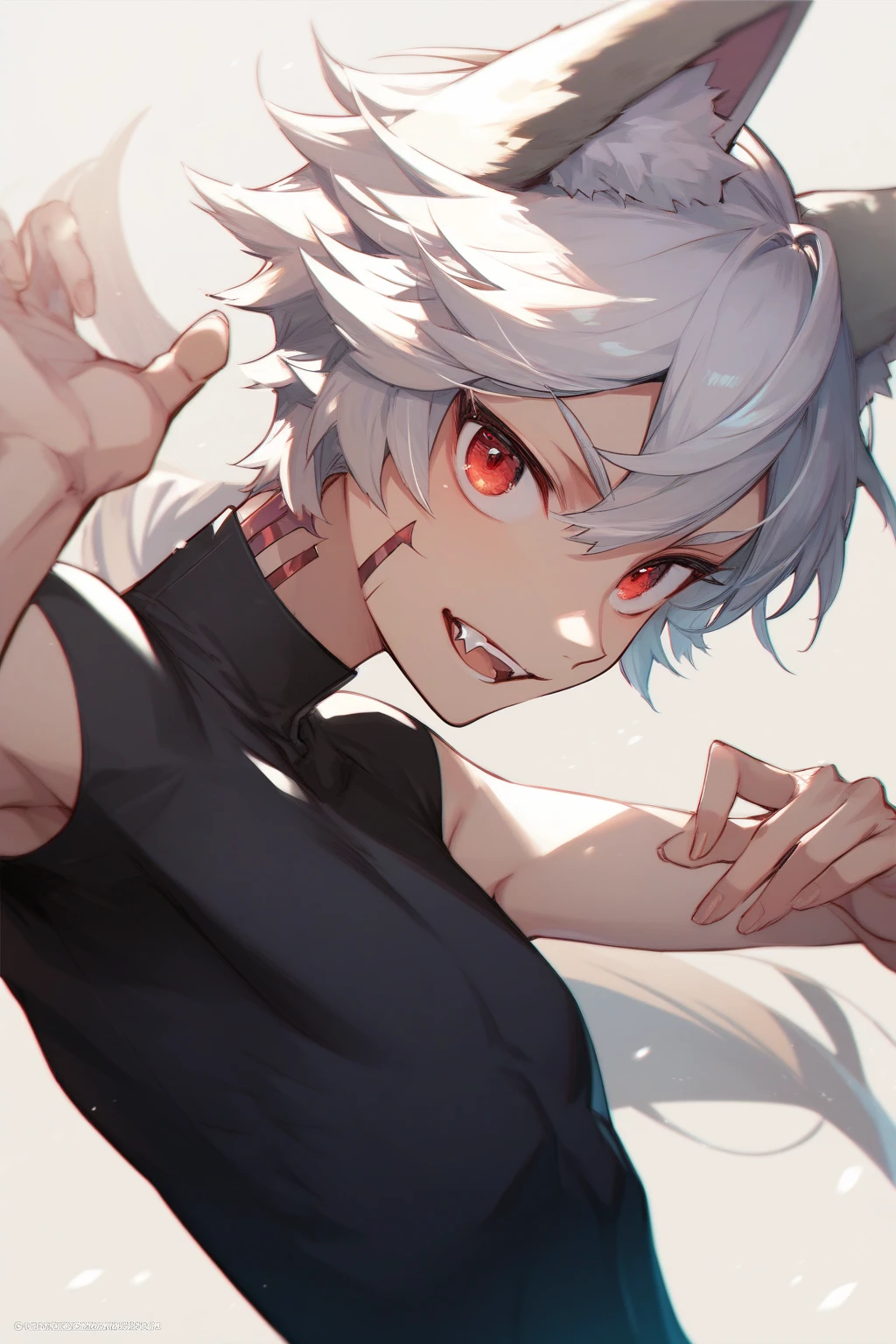 ((masterpiece, best quality)), (1girl), (solo), (female focus), (ahoge, white hair, short hair), black eyes, light smile, open mouth, ((white shirt), (buttoned shirt ), (button slit)), ((black dress), (short skirt)), standing, white background, behind arms, dynamic angle
