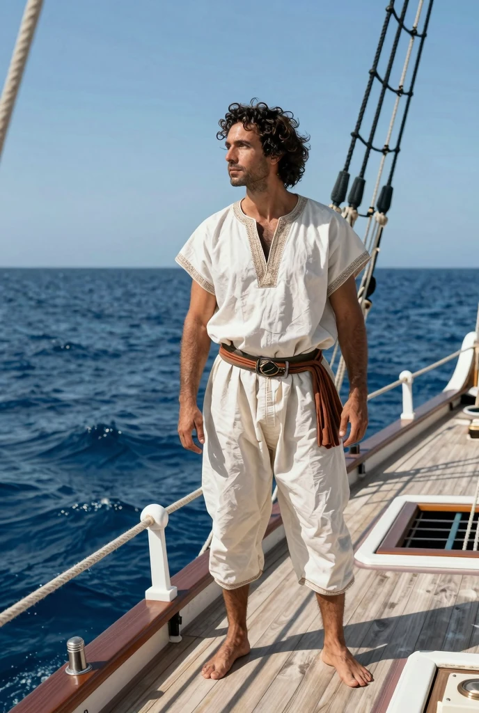 Julius Caesar standing on the wooden deck of an ancient Roman galley