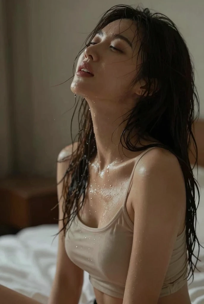 Best Picture Quality， tmasterpiece， 超高分辨率， （fidelity：1.4）， photore， 1 rapariga，white  shirt，Broken skirt，white Heels， dimly lit， darkly， be desperate， pitying， cute little， cinematic ligh， tears， tear drop， （torn laundry：1.5）， （wetclothes：1.4），   shoulders， Real rain， Wet hair,..