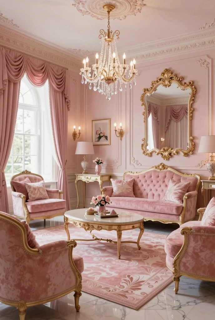 This living room is decorated in a modern high luxury style with Bright Neon Pink. The room ceilings adorned with multiple levels of long, elegant chandeliers,The large windows let in plenty of natural light, and the walls and furniture create a Bright Neon Pink and airy space. accents, such as the rug, pillows, flower and curtains, add a touch of warmth and femininity. Decorative Pieces. Candle Stands. Wall shelves. Clocks.  Art. Crystals. status. The large mirror helps to reflect the light and make the room feel larger. The overall effect is a stylish and inviting living room that is perfect for relaxing or entertaining guests