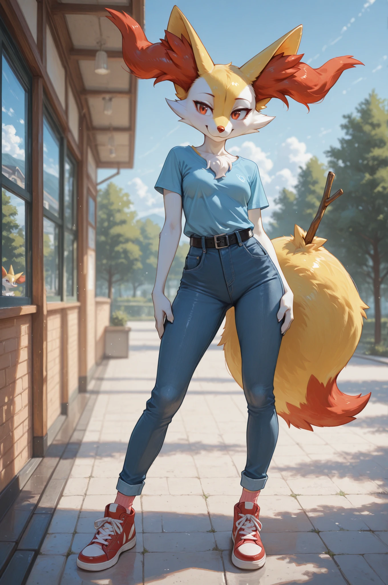 [pokemon; Braixen], [Uploaded to e621.net; (Foxovh), (Pixelsketcher), (mayosplash], ((masterpiece)), ((solo full body portrait; behind view)), ((furry; anthro fox girl)), ((detailed fur)), ((raytracing)), ((detailed shading)), ((beautiful render art)), {anthro pokemon; (braixen); (yellow, red, and black fur, red ear fluff), bright orange eyes, happy smile, medium , denim jacket, tight blue jeans, red sneakers}, (posing in grass; (facing away from camera), attractive pose), [background; outside daytime, park; (trees, pond]