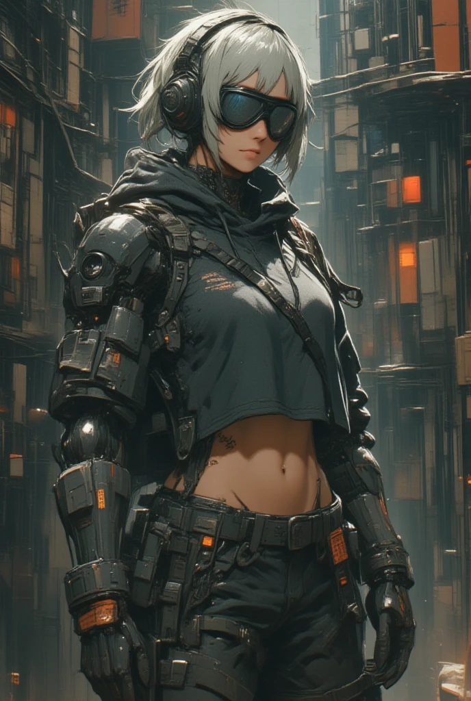 obra maestra, mejor calidad, a closeup of a futuristic looking cyborg girl with a fantastic cyber helmet head with red triangular LED lights and a halo, vestido con una chaqueta Techwear negra, cuerpo entero fondo blanco