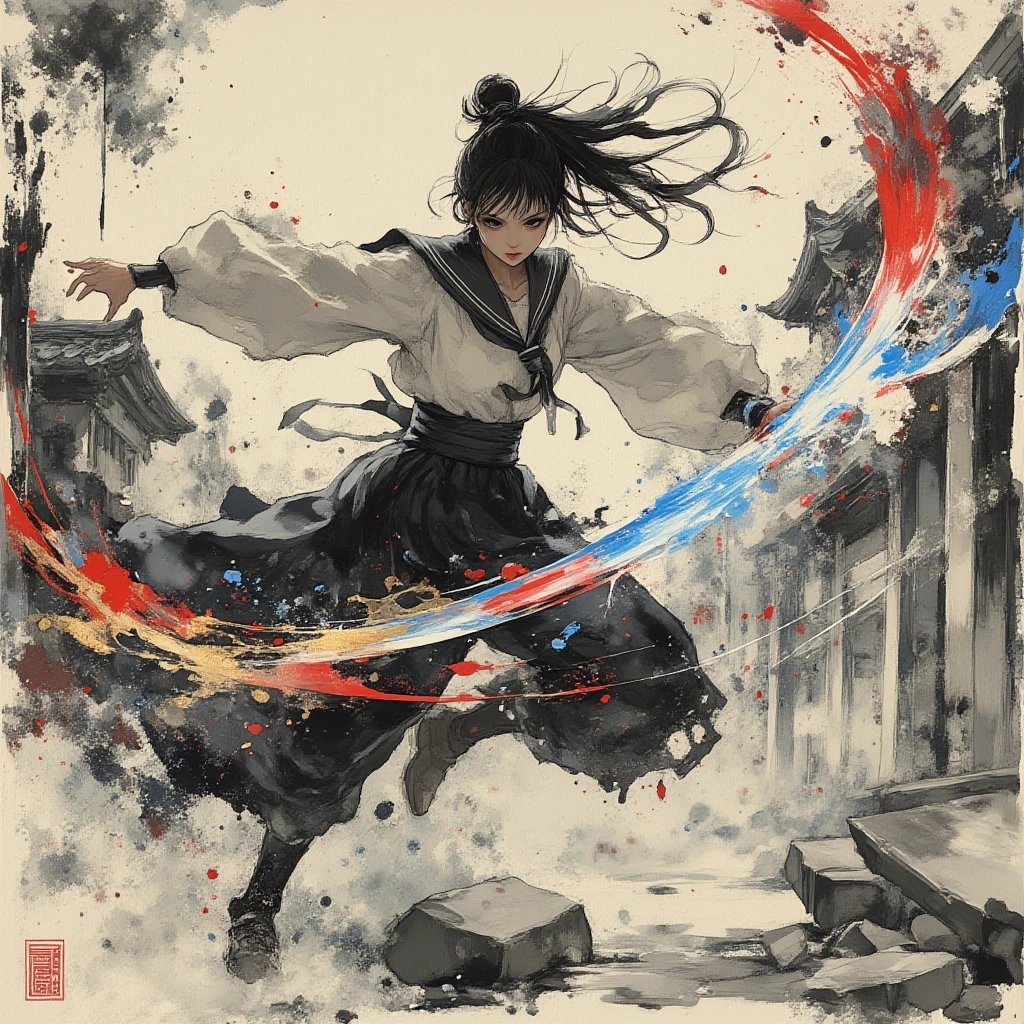 masterpiece, high quality, best quality, drawing of a woman in a short skirt holding 3 daggers, double bun, Ming from Chinese mythology, fighting pose, inspired by Tsubasa Nakai, inspired by Kamizaka Sekka, anime pose, inspired by Koichi Sakai, simple background