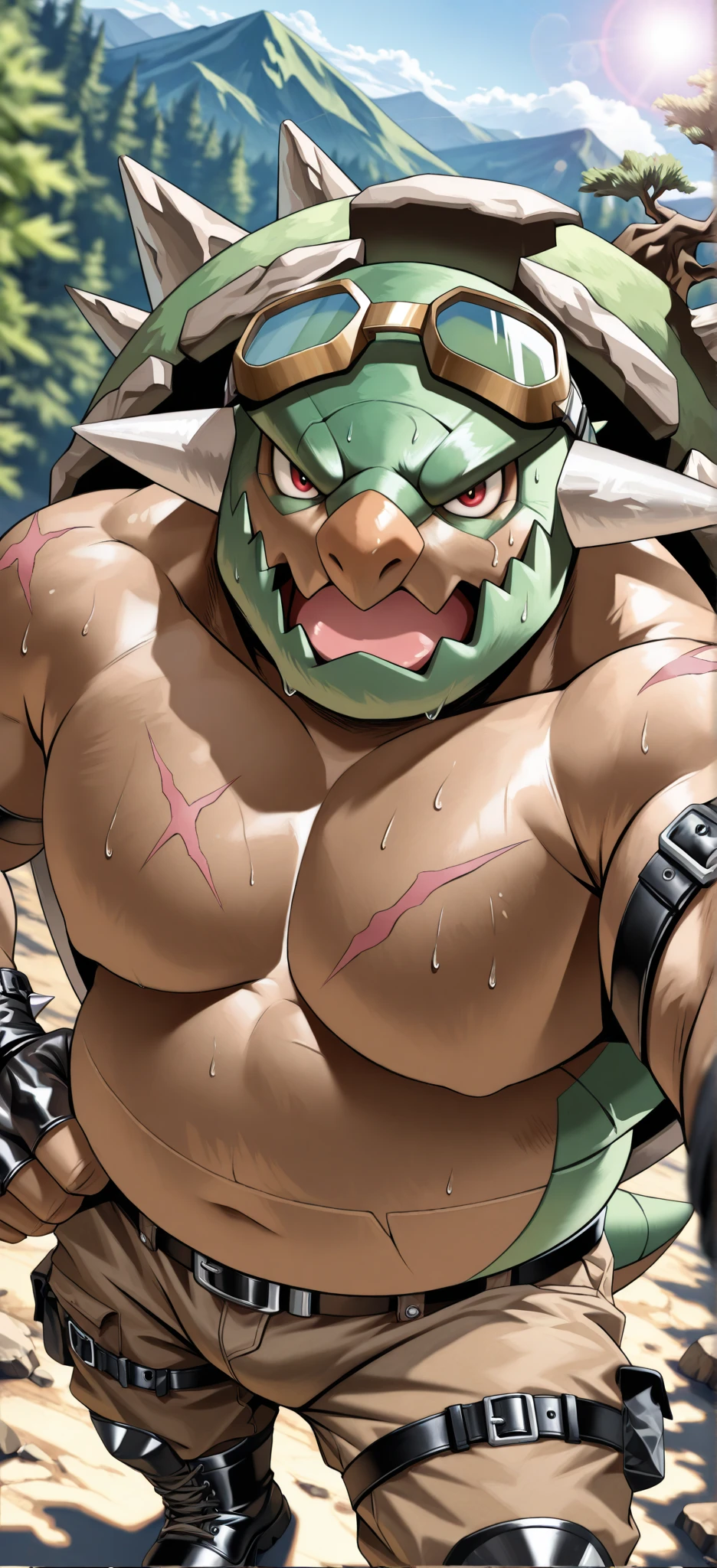 ((highest resolution, masterpiece, best quality, realistic, highest image quality, 8K)), zenberu gugu, scalie, reptile, hi res, male, feral, necklace, jewelry, anthro, scales, claws, bodily fluids, ((muscular)), absurd res, green scalie, ((big male, big , , thick , long , throbbing , throbbing , , , , sticking out , very close up  view, view from directly below the , bring the  closer to the viewer, very close to the viewer, making the viewer  , showing off  to the viewer, pushing the viewer down, big , swaying , swaying , shaking , standing, leaning forward)), , ((looking at viewer, look down at viewer,  with viewer)), ((,  effect, anime effect, manga effect,  motion,  motion,  motion, motion effect, movement effect,  face, ,  pose, focusing on body, stuffy body, sweaty body, steam from the body, steam, heat from the body, view from front, low angle, front view, view from up close, sauna, sturdy body))