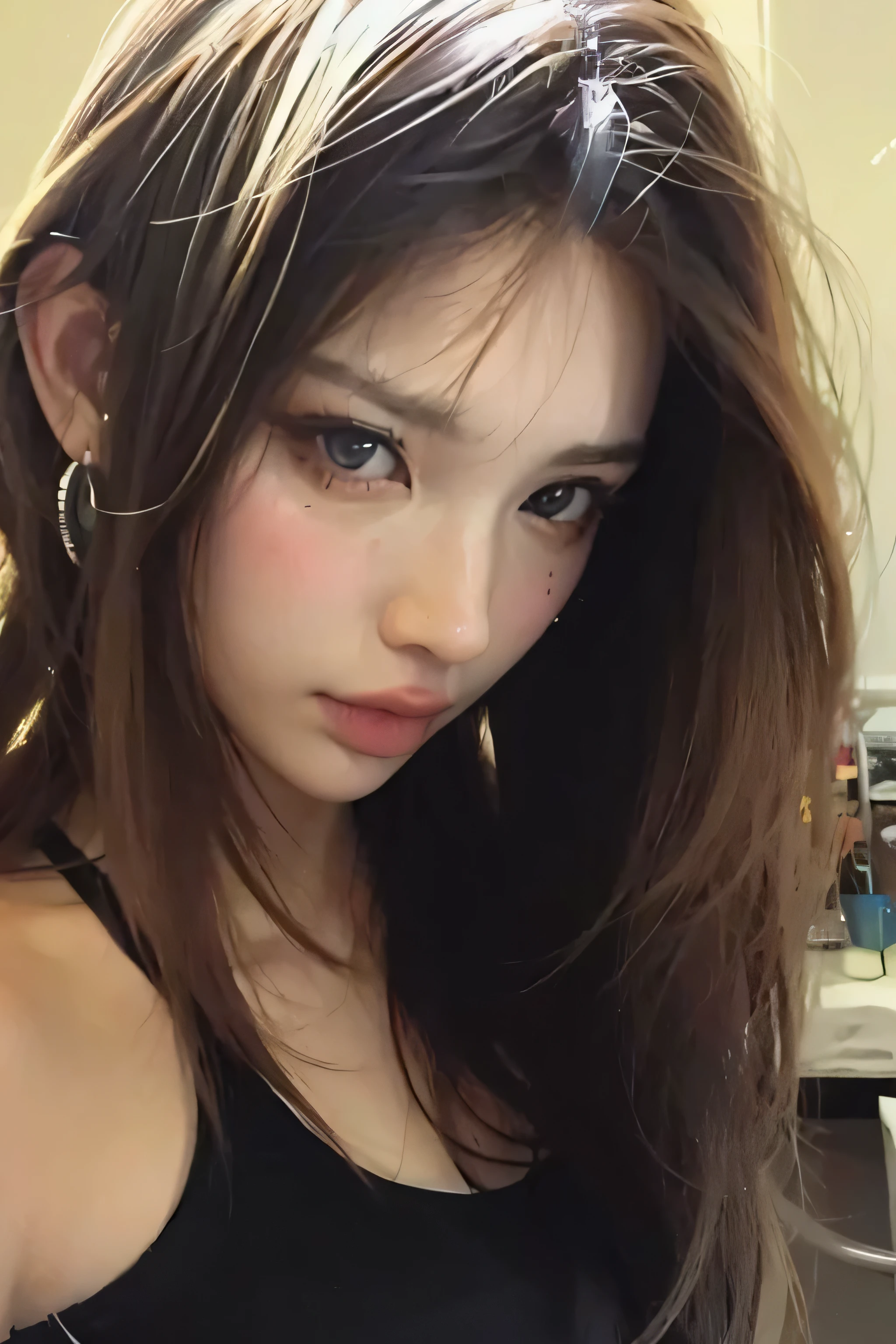 A close-up of a woman with headphones sitting on a sofa, de chica taiwanesa con tatuajes, cara sexy with full makeup, hermoso cuerpo y rostro detallados, beautiful asian girl, asian features, con tatuaje , preciosa modelo china, entintado, asian girl, hermoso rostro estetico, 🤤 girl portrait, cara sexy, muchacha coreana, labios claros y de alta calidad, mirada sexy, jennie kim, jennie blackpink, kim jennie, jennie, korean famele face