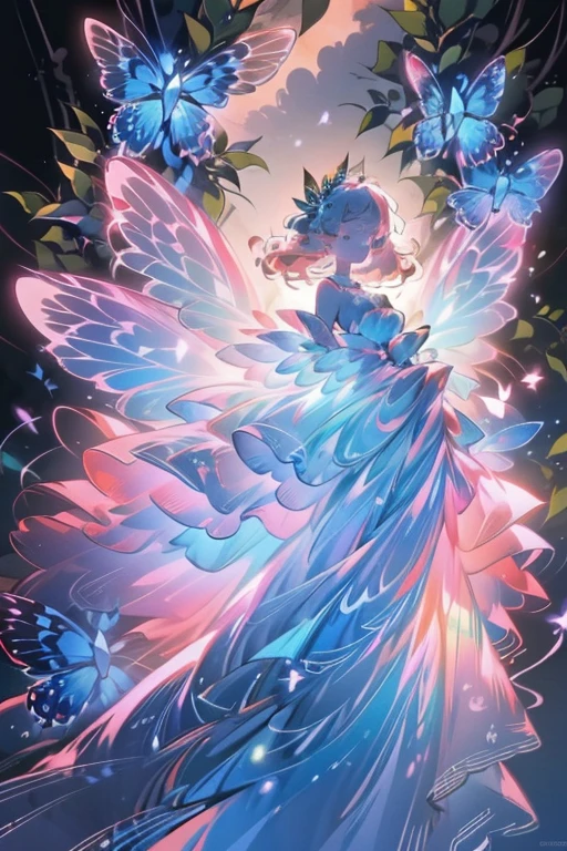beautiful girl in tiered gradient ballgown dress, gradient colorful dress, ((layered flower petal skirt)), fairy dress, fairy queen, magical fantasia background, (glowing fairy wings), glowing flowing ballgown, long wavy hair, sparkling fairy wings, watercolor illustration, inspired by Glen Keane, inspired by Lois van Baarle, disney art style, jen bartel, beautiful digital illustration, beautiful, masterpiece, best quality, anime disney style