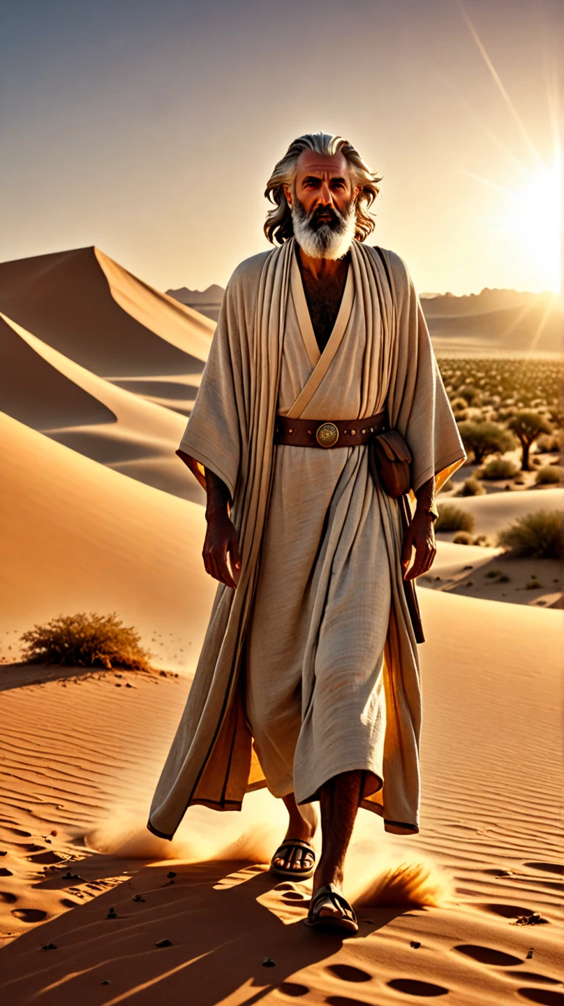 closeup portrait of a man in robes standing on a desert dune, lens flare, sandals, bandana