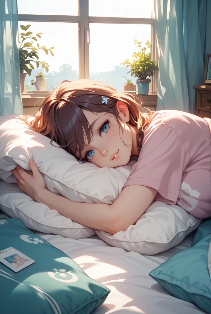 short hair, brown hair, yellow glowing eyes, perfect lips,sleepy look ,  ready to sleep, cute expression, cute face, laying in the bed,  pajama, pillow, tank top, babe doll , sleepyhead pose, ultra detailed face, long eyelashes, sharp eyes , Fullbody shot, dinamic viewer, night sky , dinamic point of view, diferents point of view, room, dinamic picture , laying in the bed