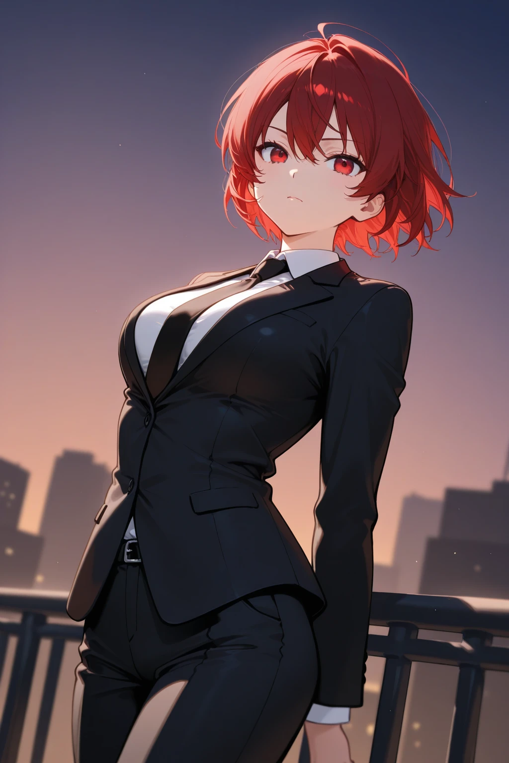 1girl, curvaceous, hip, upper body, watch viewer, cowboy shot,young, cleavage,necklace,big,open mouth, red hair, uniform, short cut, knee socks, brown, sister, arms crossed, smile, yellow eye, building, city, black clothes, thighs, night view, neon